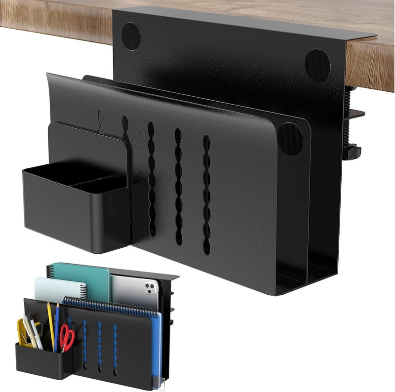 HAMOPY Desk Side Storage, 2 Tier Steel Hanging Desk Organizer with Magnetic Pen Holder, No Drilling Standing Desk Drawer Cable Management Tray, Under Desk Laptop Holder for Office, School&Home (Black) - Image 1